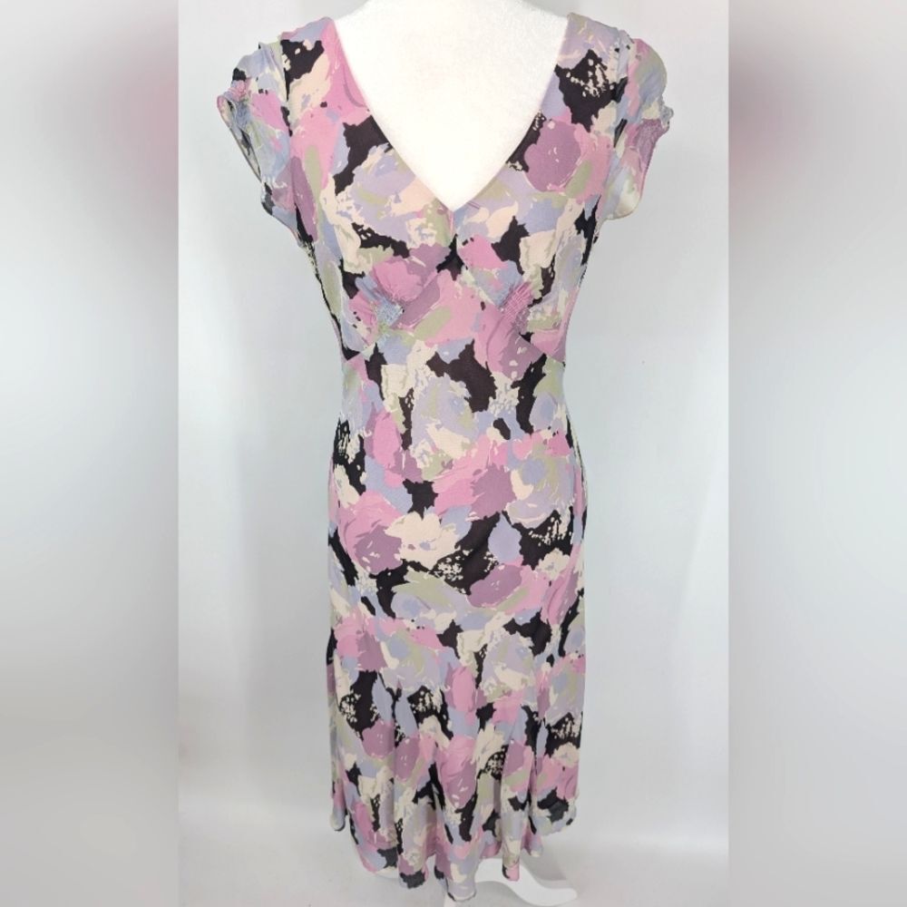 Vintage Ann Taylor Y2K 100% Silk Pink Purple V-Neck Midi Dress Flutter Hem 6